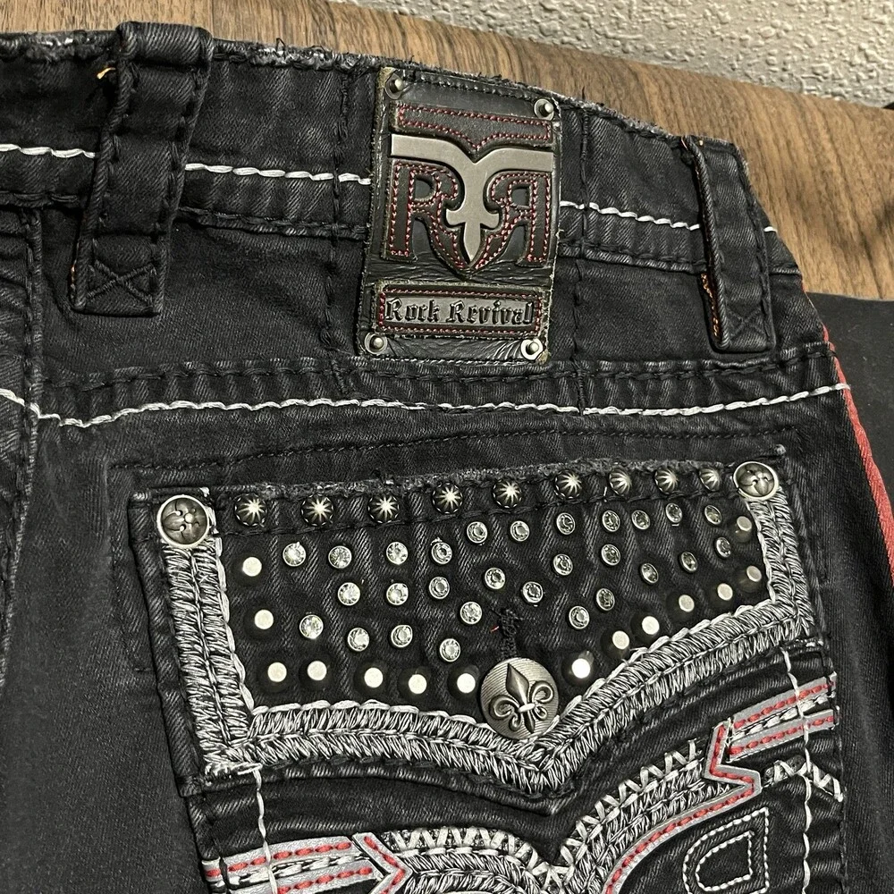 Rock Revival Jeans Mens Black 38x32 Grunge Patchwork Striped Studded Goth Metal